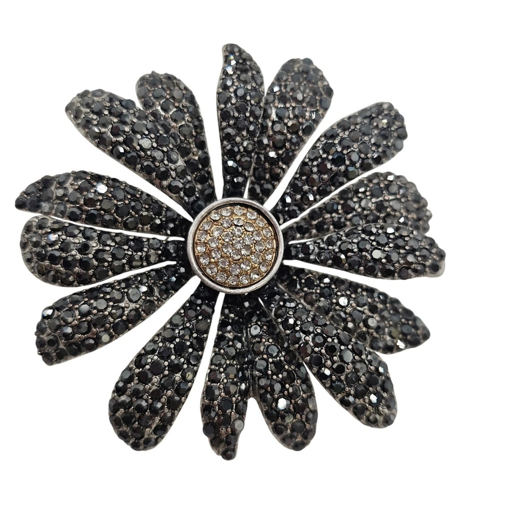 Floral‎ Rhinestone Brooch Pin Dark Silver Tone Daisy Statement 2.75" Sparkle - Picture 4 of 13